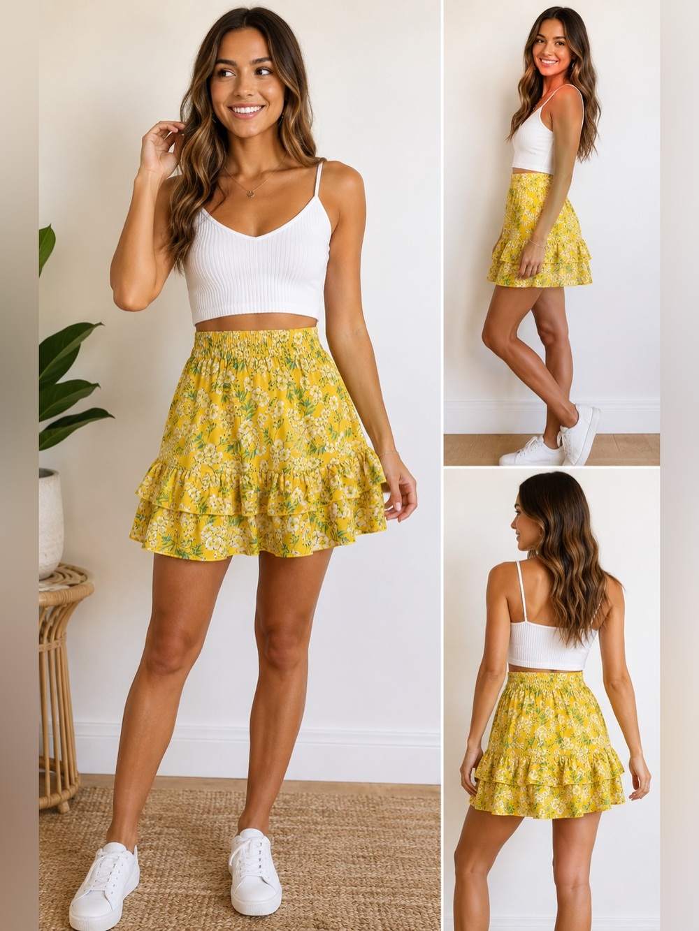 Tessentials Yellow Floral Ruffle Mini Skirt Size S Boho Cottagecore